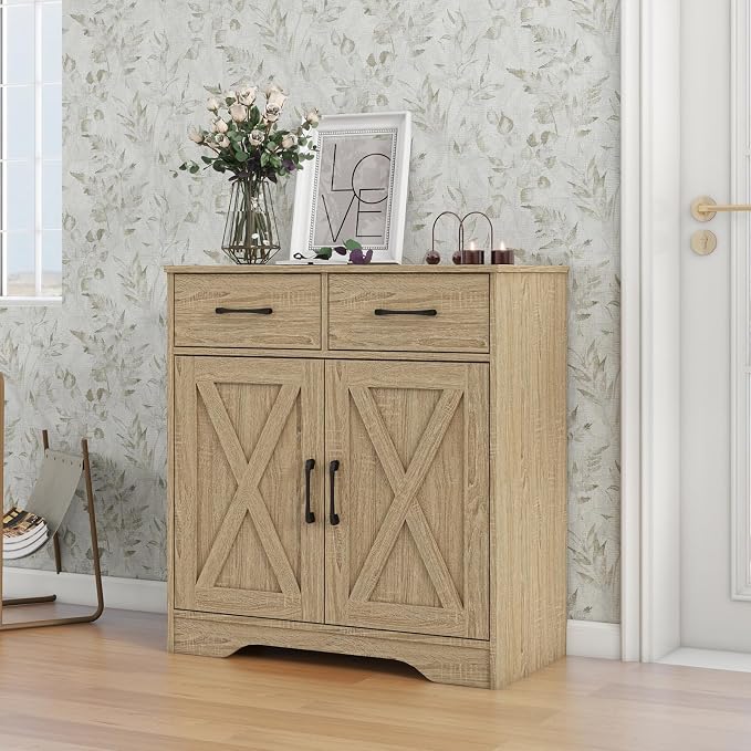Panana Sideboard 2 Drawers 2 Doors Entryway Storage Cabinet Living Room Organizer Farmhouse Style Wooden Kitchen Cupboard (Nature)