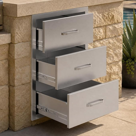 Jocisland 18-Inch Stainless Steel Outdoor Kitchen Drawer Cabinet | 18 W x 23 D x 23 H In, 3-Tier Drawers with Handles and Pull-Out Trays, Built-In BBQ Island Storage