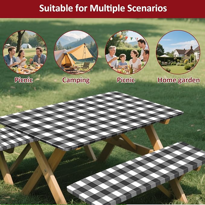 8ft 96" Picnic Table and Bench Cover, 3 Pack, Black-White Checkered | Drawstring Bag, Waterproof Windproof, Elastic Fitted Edges Tablecloth, for Rectangle Table & Seat, Camping Essentials RV Gear
