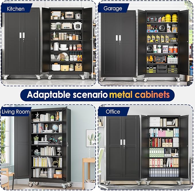 erosoei 74" H Metal Garage Storage Cabinet, Rolling Tool Cabinet with 2 Doors and Wheels, Locker Steel Cabinet with 5 Adjustable Shelves, Organization Cabinet for Garage,Office,Home,Gym,School(Black)