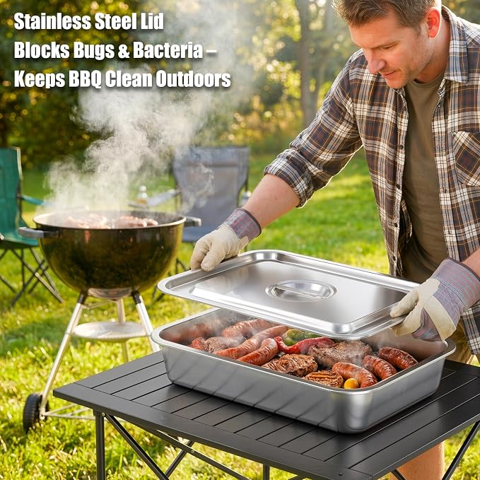 7-IN-1 Grill Prep & Carry System - Large Stainless Steel Prep Tray with Lid | Grill Accessories with 2 Marinating Containers, Cutting Board & Rack, Dishwasher-Safe Grilling Prep & Serve Set for BBQ Gifts