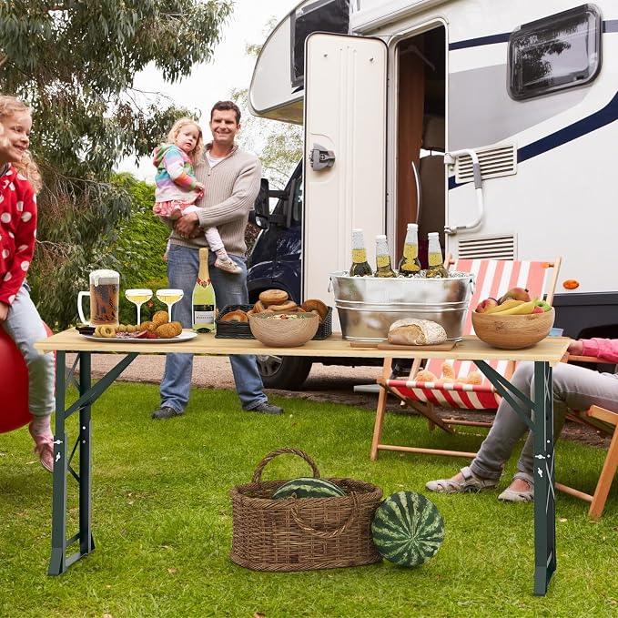 5.5FT Folding Picnic Beer Table, Outdoor Camping Table with Umbrella Hole & 2 Adjustable Heights, Heavy Duty Metal Frame & Solid Wood Top, Portable Picnic Table for Patio, Garden, Backyard