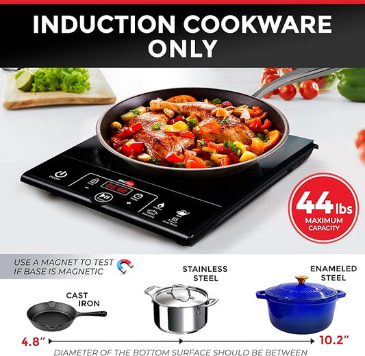 Mueller RapidTherm Portable Induction Cooktop,1800W Single Burner Hot Plate with 8 Power Levels, 8 Temperature Settings, 4 Presets, 4-Hour Timer, Auto Shut-Off & Child Lock for RV, Dorm, Small Kitchen