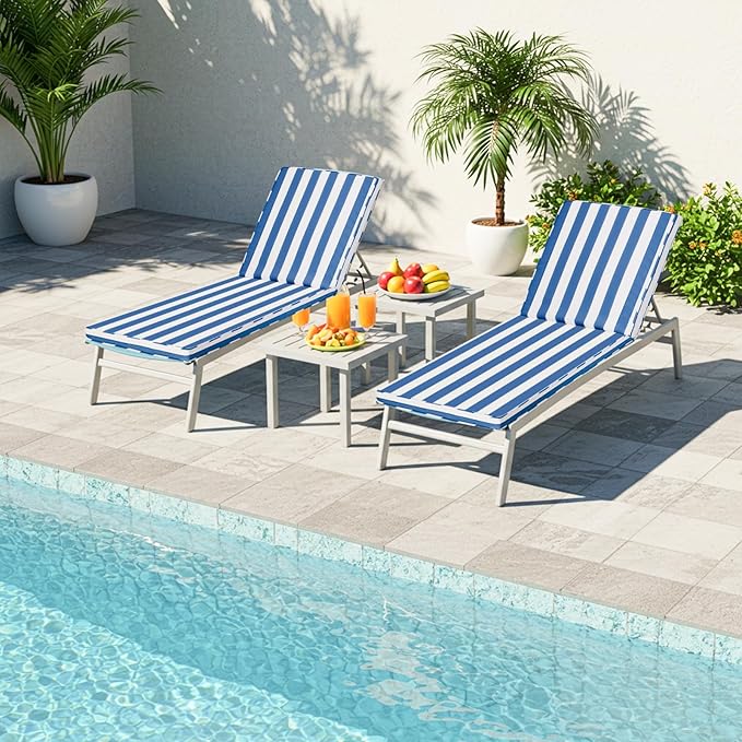 Chaise Lounge Cushions Outdoor Set of 2, 72"x22"x3" Patio Lounge Chair Furniture Cushions with Washable Covers for Pool, Patio, Lawn (Sky Blue+White Stripes, 2 Pcs)