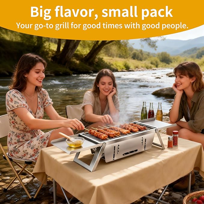 Small Portable Charcoal BBQ Grill, Made of Stainless Steel,Foldable and 2-Second Setup, Includes Fireproof Mat and Gloves, Mini Barbecue Hibachi Grill for 3-4 People Camping,Hiking and Picnic