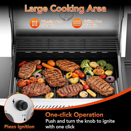 R.W.FLAME 3-Burner Gas Grill with Side Burner, 34000 BTU Propane BBQ Grill, Stainless Steel Outdoor Grill with Porcelain-Enameled Grates for Backyard, Patio, Camping