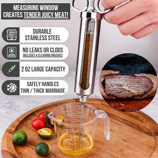 Professional Meat Injector Marinade Syringe Kit for Smoking & Grilling Turkey, Brisket & BBQ, Large 2 Oz Stainless Steel Visible Capacity, Never Leaks or Clogs + Meat Shredding Claws & Flavor Brush