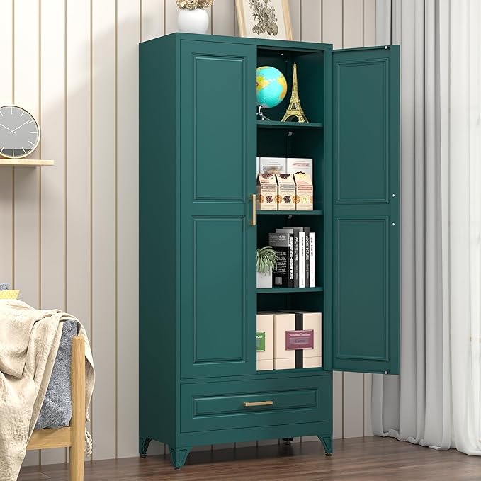 Polup Metal Storage Cabinet,75" Tall Kitchen Pantry Storage Cabinet with Doors and Adjustable Shelves, Green Metal Pantry Cabinets with Drawer, Large Cupboard for Kitchen, Dining Living Room