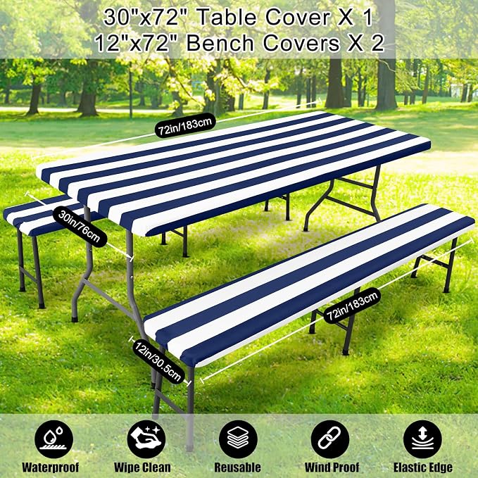 Smiry Picnic Table Cover with Bench Covers, Waterproof Elastic Fitted Tablecloth for 6 Foot Tables, Washable Polyester Tablecloths for Camping, Indoor & Outdoor (Navy Stripe, 30x72 Inch 3-pc Set)