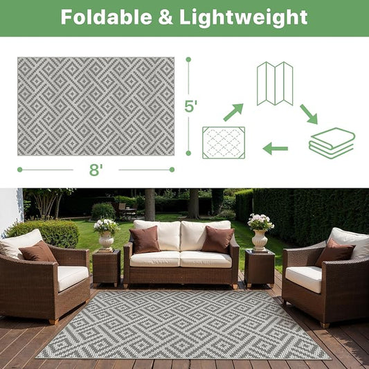 GENIMO Outdoor Rug, Waterproof Plastic Rugs for Patio, 5'x8' Cloud Grey | Outside Larger Modern Carpet Mat for Porch Decor, Deck, Balcony, Camping, RV, Backyard, Picnic, Beach, Reversible, Foldable