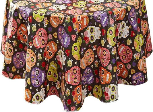 Newbridge Sugar Skull Round Vinyl Tablecloth with Flannel Backing, Waterproof Wipe Clean Table Cover for Indoor Outdoor Kitchen Dining Use, Picnic and Barbecue, 70 Inch Round