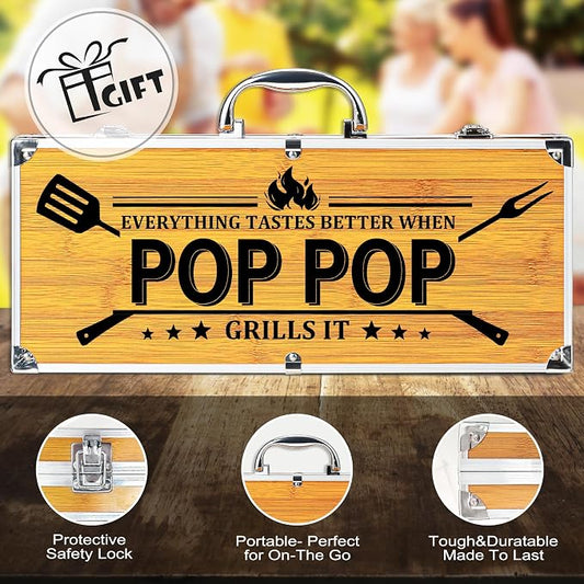Poppop Gifts from Grandkids Fathers Day, Pop Pop Grilling Gift Heavy Duty Wooden BBQ Grilling Accessories Kit, Thick Stainless Steel Grill Utensils with Non-Slip Handle Tools in Portable Bag