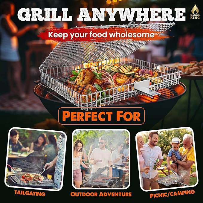 ORIGINAL Jumbo XL Grilling Basket with Detachable Handle and Easy Open/Close Locking Lid. New & Improved Stainless Steel Construction with Larger Capacity (12.5 x 9.5 x 2 inches) for Outdoor BBQ Camping Grilling by Kabob King