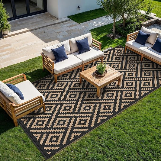 GENIMO Outdoor Rug, Waterproof Plastic Rugs 9'x18' for Camping Black Brown | Outside Larger Modern Carpet Mat for Patio Decor, RV, Porch, Camper, Deck, Picnic, Beach, Backyard, Reversible, Foldable
