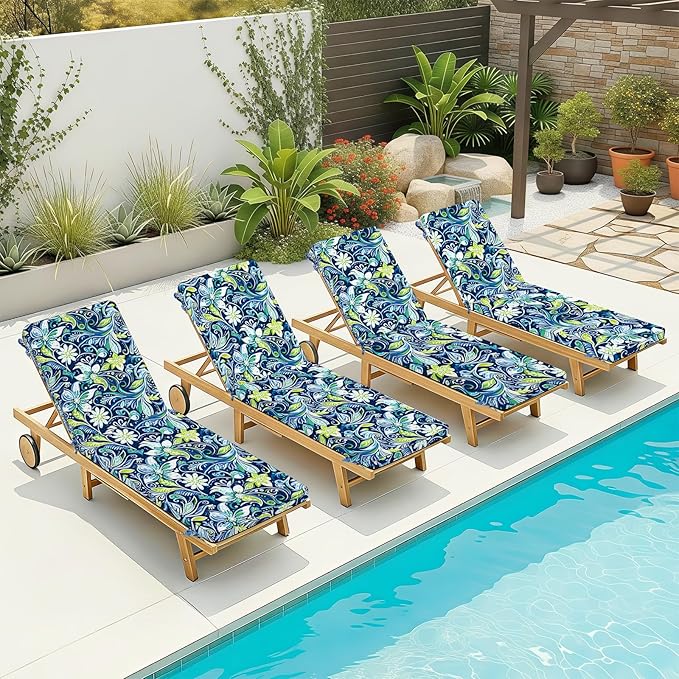 Fabuday Chaise Lounge Chair Cushions for Outdoor Furniture - 72 x 21 x 3 Inch Waterproof Patio Pool Sunbrella Lounger Pads Replacement with Removable Cover, Green Floral, Set of 2