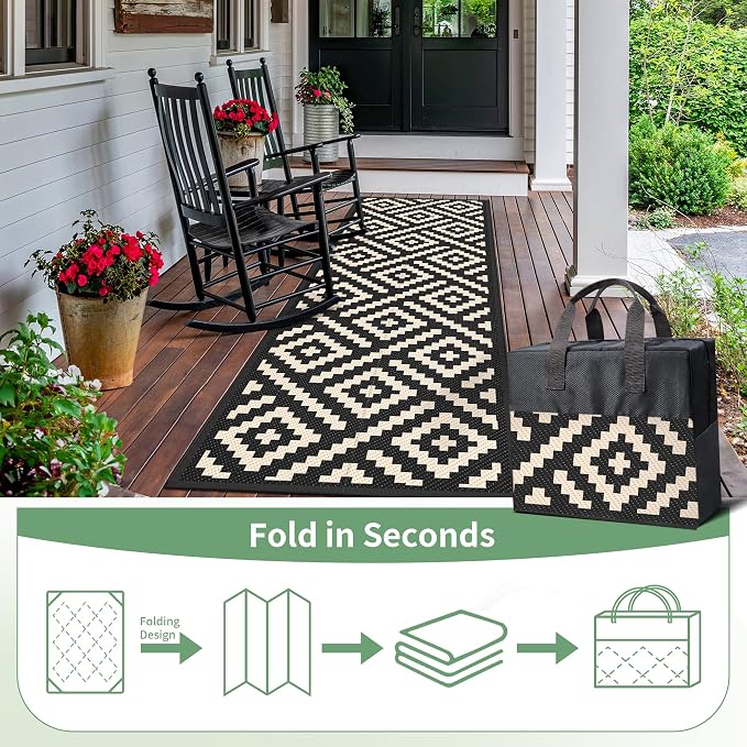 GENIMO Outdoor Rug, Waterproof Plastic Runner Rugs, 2.5'x8' Black Beige | Outside Modern Carpet Mat for Patio Decor, Porch, Deck, Balcony, Camping, RV, Picnic, Beach, Reversible, Foldable