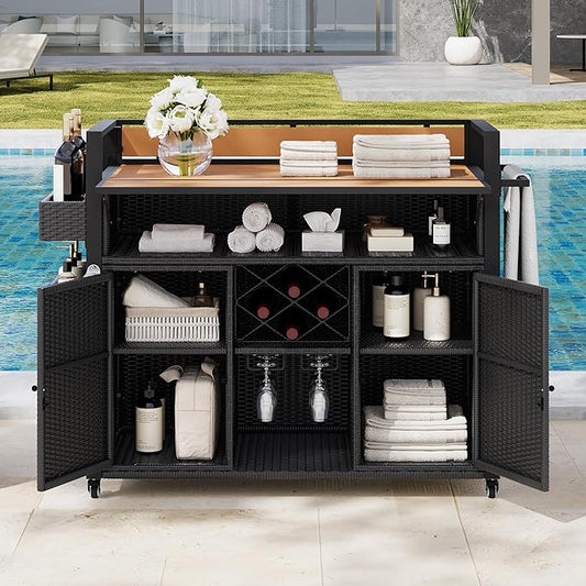 52.8" W Wicker Outdoor Grill Cart with Extended Plastic Wood Table Top,Rolling Kitchen Island on Wheels with Cabinet and Double Handle,for Patio Backyard Garden Poolside (Black Brown#t)