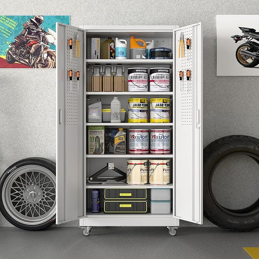 Aobabo Upgraded Garage Storage Cabinets with Wheels,Metal Storage Cabinets with 5 Adjustable Shelves for Garage Home Office Storage,White,71''H*34''W*18''D,Assembly Required
