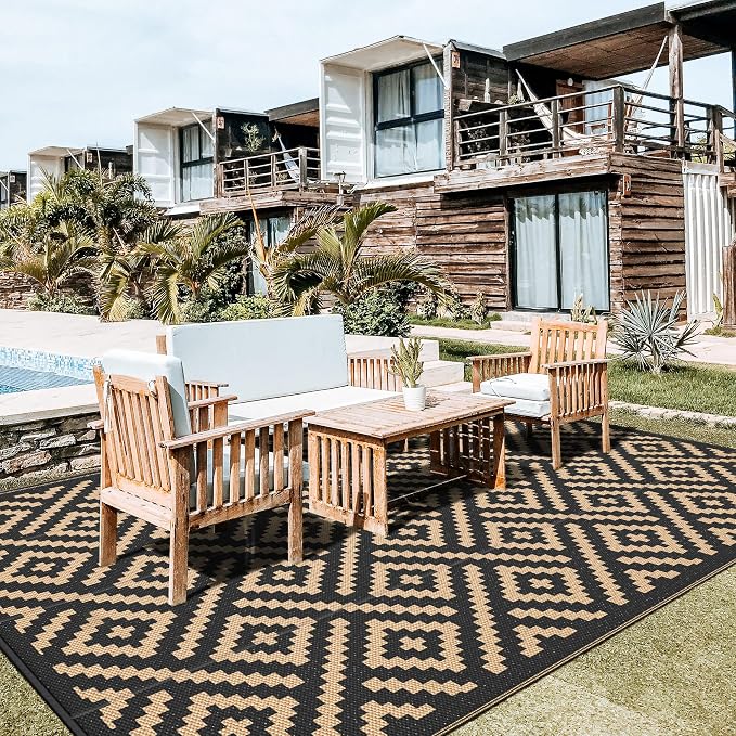 GENIMO Outdoor Rug, Waterproof Plastic Rugs 10'x14' for Camping Black Brown | Outside Larger Modern Carpet Mat for Patio Decor, RV, Porch, Camper, Deck, Picnic, Beach, Backyard, Reversible, Foldable