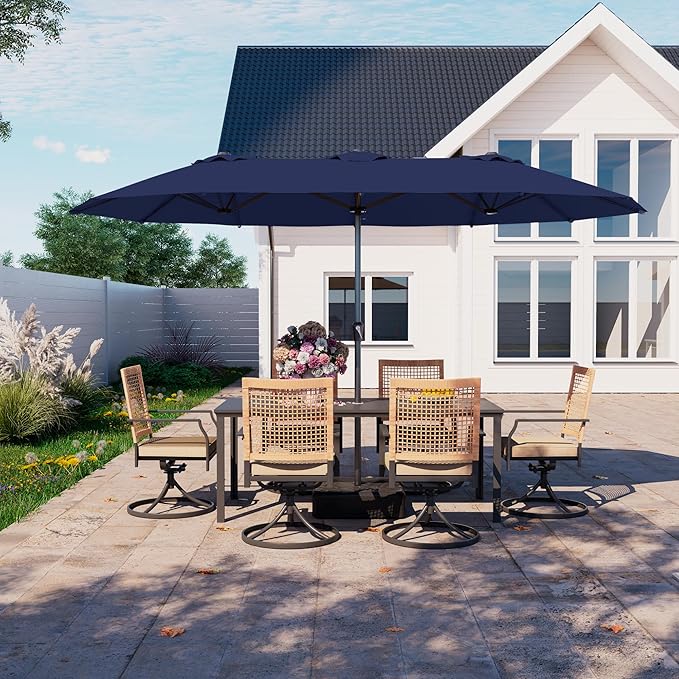 Kingdura 15ft Large Patio Umbrella with Base Included, Double-Sided Rectangle Outdoor Table Umbrella with 12 Reinforced Ribs, Crank Lift for Market Pool Deck Backyard, Navy blue