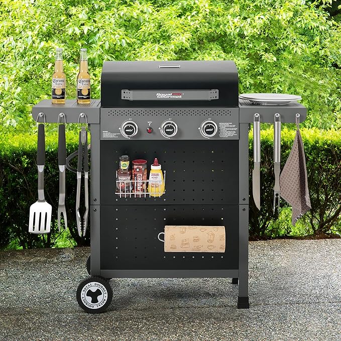 Royal Gourmet GL3001 3-Burner Gas Grill with Pegboard, 420 Sq. In. Cooking Area, 19,500 BTU, Foldable Side Shelves with Hooks, Two Large Wheels, Ideal for Backyard and Patio, Black & Cool Gray