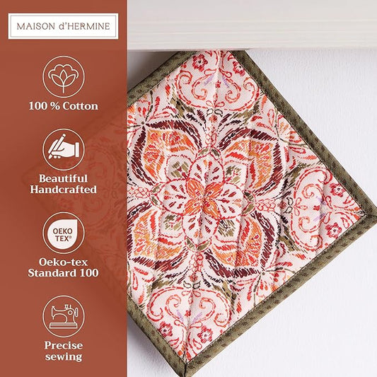 Maison d' Hermine Pot Holders Set 100% Cotton Heat Resistant Potholders 8" x 8" Hot Pads with Loop for Thanksgiving Christmas Decorations BBQ Cooking Baking Handling Hot Pans (Pack of 2, Damask)