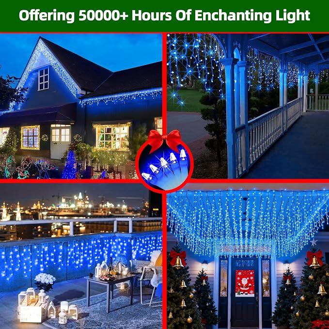 504 LED 50FT Christmas Lights, 112 Drops Icicle Lights with 12 Modes | Blue Icicle String Lights with Timer and Dimming for Windows, Porch Rails, Small Eaves and Entryway Holiday Displays