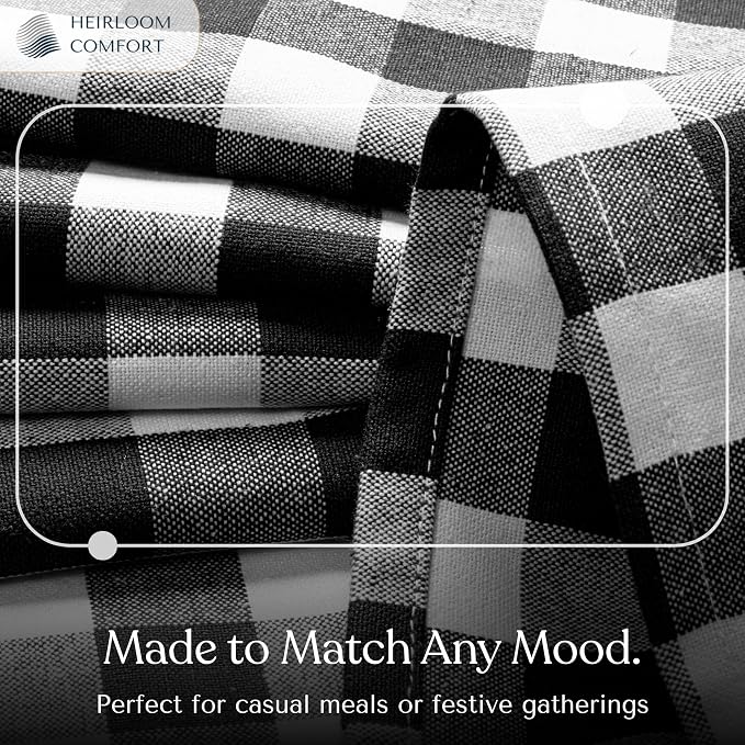 Gingham Check Tablecloth, 100% Cotton, 60x84 Inch, Black and White, Durable Table Cover for Rustic Kitchen Decor, Picnics, BBQ, Dining Room, Indoor and Outdoor Use, Black White