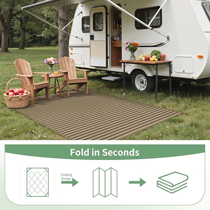 GENIMO Outdoor Rug, Waterproof Plastic Rugs for Patio, 6'x9' Brown Greige | Outside Larger Modern Carpet Mat for Porch Decor, Deck, Balcony, Camping, RV, Backyard, Picnic, Beach, Reversible, Foldable