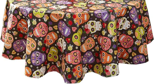 Newbridge Sugar Skull Oval Vinyl Tablecloth with Flannel Backing, Waterproof Wipe Clean Table Cover for Indoor Outdoor Kitchen Dining Use, Picnic and Barbecue, 60 x 84 Inch Oval