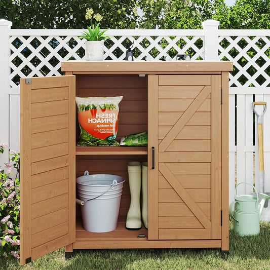 Outdoor Storage Cabinet & Potting Bench Table with Metal Top, Wooden Patio Furniture, Garden Workstation (Light Brwon, 36x31x17in)