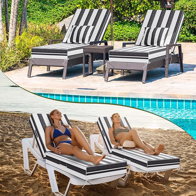 Outdoor Water-Resistant Olefin Chaise Lounge Cushions with Pillow, Weather and Fade Resistant Patio Furniture Lounge Chair Cushion Ideal for Patio, Lawn, Garden, Pinto, 72" L x 21" W x 5" T