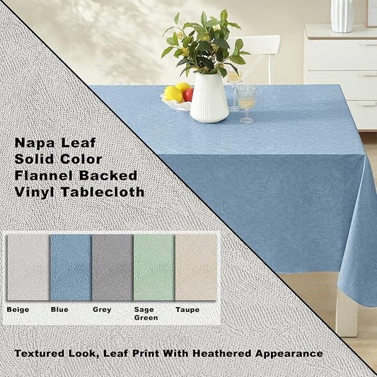 Newbridge Napa Leaf Blue Vinyl Flannel Backed Tablecloth, 52 x 70 Inch Rectangle, Hotel Quality Waterproof Indoor Outdoor Table Cover for Kitchen, Patio, Dining, BBQ