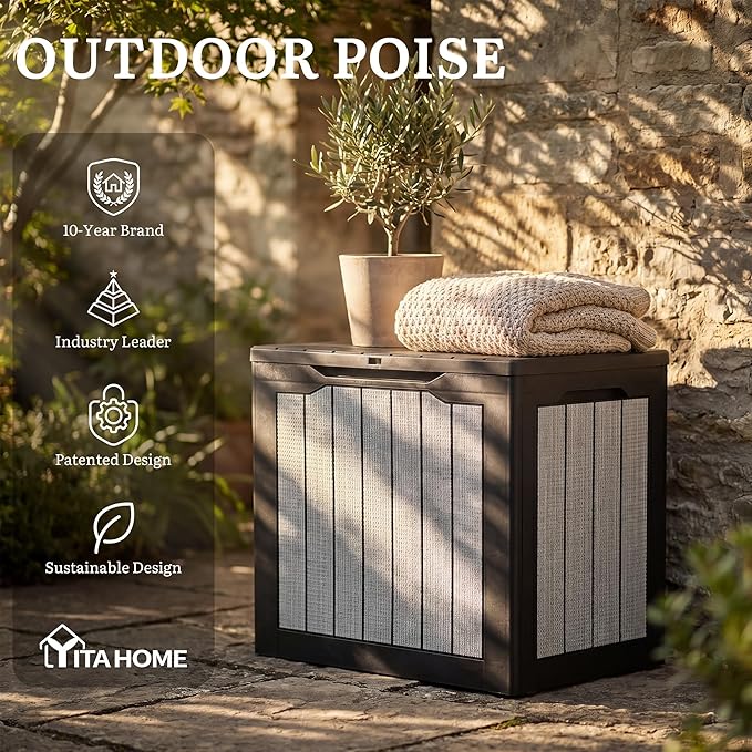YITAHOME 30 Gallon Deck Box, Waterproof Resin Outdoor Storage Box, Doubles as Bench Seating for Patio Furniture Cushions,Garden Tools & Pool Accessories, Black & Gray