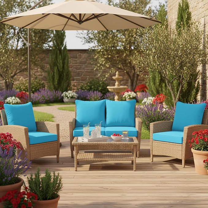 Summsun Outdoor Back and Deep Seat Cushion Set, 22 x 22 Inch, Teal, 4 Pack | Double-Sided Water Resistant, Removable Cover, Back Pillow & Seat Cushion, Tie Straps, Fit for Patio, Garden, Sofa Couch
