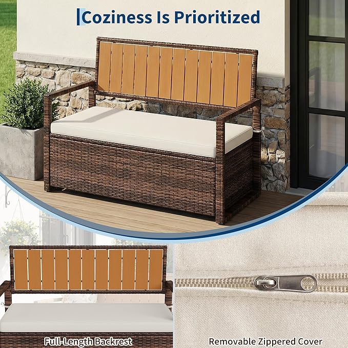 GarveeLife Wicker Storage Bench, Outdoor Rattan Stool with Iron & Plastic Wood Frame, Dark Brown Rattan, White Cushion, with Hidden Storage for Patio