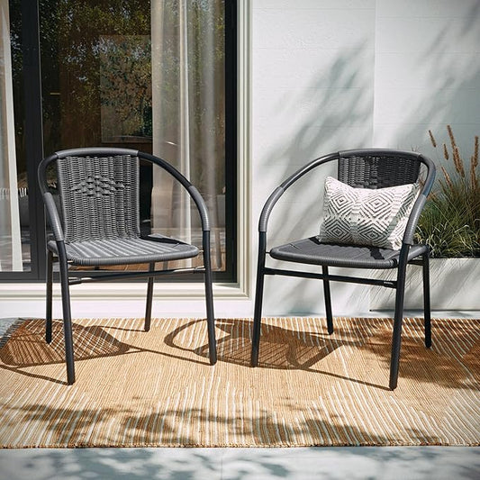 Flash Furniture Lila 2 Pack Gray Rattan Indoor-Outdoor Restaurant Stack Chair