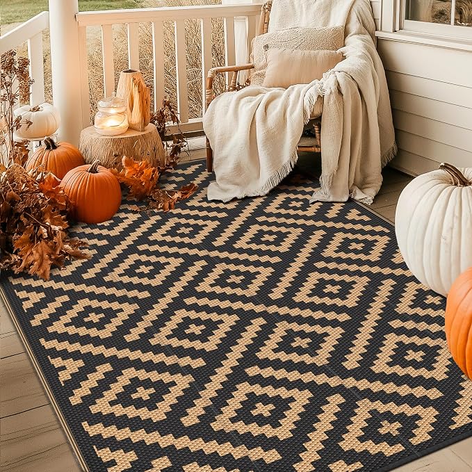 GENIMO Outdoor Rug, Waterproof Plastic Rugs for Patio, 6'x9' Black Brown | Outside Larger Modern Carpet Mat for Porch Decor, Deck, Balcony, Camping, RV, Backyard, Picnic, Beach, Reversible, Foldable