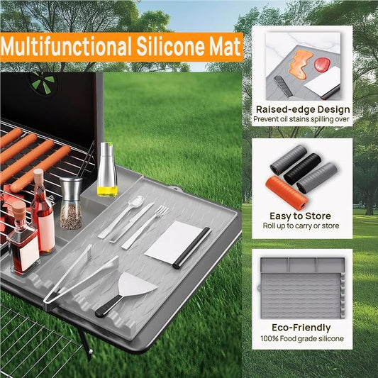 Blackstone Griddle Accessories, Silicone Grill Mat for Blackstone - Non-Slip BBQ Side Shelf Organizer with Drip Tray, Large Universal Griddle Seasoning for Outdoor/Kitchen Countertop(Gray)