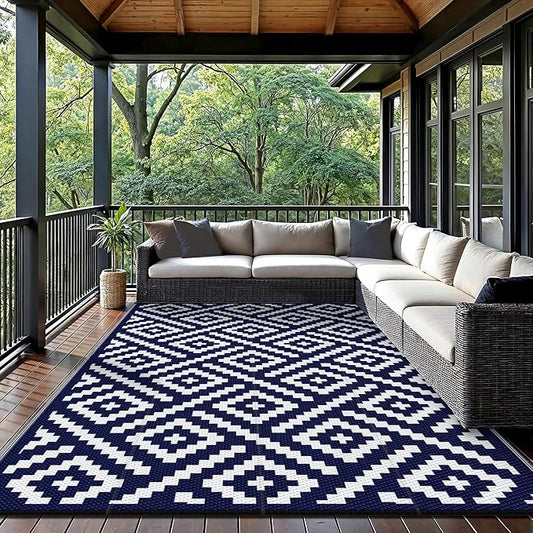 GENIMO Outdoor Rug, Waterproof Plastic Rugs 9'x12' for Camping Blue White | Outside Larger Modern Carpet Mat for Porch Decor, Deck, Balcony, Camping, RV, Backyard, Picnic, Beach, Reversible, Foldable