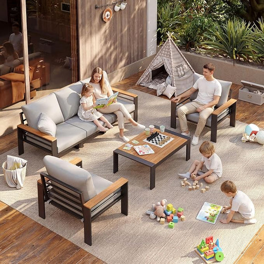 Aoxun Aluminum Outdoor Patio Furniture Set, 5 Seats Outdoor Sectional with Coffee Table, Patio Conversation Sets with Upgraded Armrests and Cushions for Backyard, Garden and Poolside(Grey)