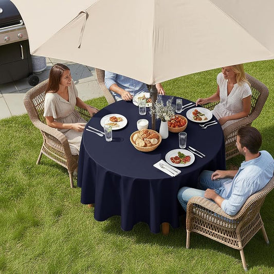 LUSHVIDA Round Outdoor Tablecloth with Umbrella Hole and Zipper, 60 Inch Navy, Washable Waterproof Table Cloth Spill Proof Wrinkle Free Table Cover for Patio Spring Summer Picnic BBQS