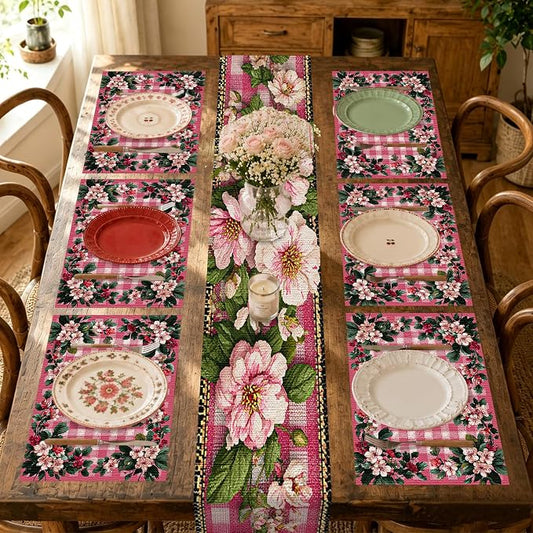 Nuxovilar Tablerunner and Placemats Set of 7 Pink Plaid with Floral Decor Linen Square Placemats for Dining Dining Sets and Accessories Brunch, Afternoon Tea, Ladies’ Gatherings