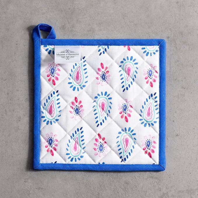 Maison d' Hermine Pot Holders 100% Cotton Potholders (8" x 8", Pack of 1) | Heat Resistant Hot Pads with Loop BBQ Cooking Baking Farmhouse Kitchen Handling Hot Pans Spring Summer - Indian Floral