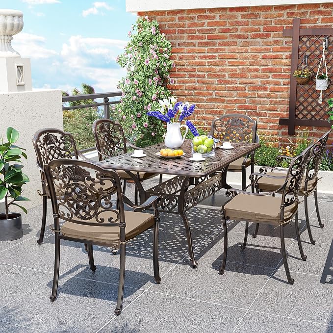 Pamapic 7-Piece Outdoor Dining Set,Cast Aluminum Patio Furniture with Vintage Table & 6 Stackable Chairs, Outdoor Furniture Set for Garden, Poolside (with 6 Cushion,Bronze)