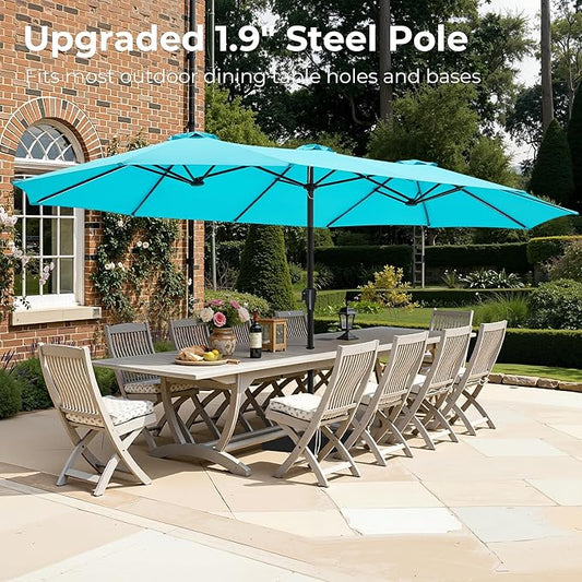 SUPERJARE 15FT Outdoor Patio Umbrella with Base Included, Double Sided Pool Umbrellas with Fade Resistant Canopy, Extra-Large Table Umbrella for Deck, Market, Backyard, Light Blue