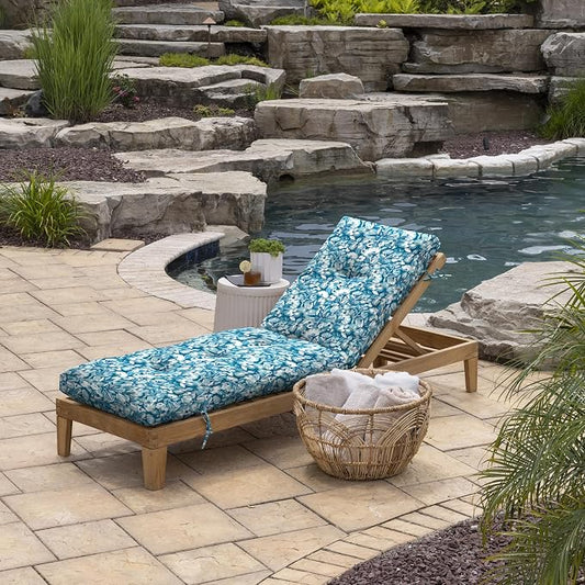 Arden Outdoor Tufted Chaise Cushion, 22x76, Aqua Blue Floral | Plush Comfort, Modern Tuft, Lounge Cushion, Rain-Proof, Fade Resistant, Mold and Mildew Resistant