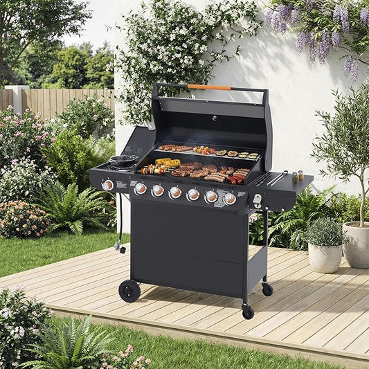 Outdoor Gas Grill with 6 Burners & Side Burner 59000 BTU Stainless Steel BBQ Grill Enamel-Coated Grates Side Tables for Backyard Patio Cooking Charcoal Grills & Smokers,A2
