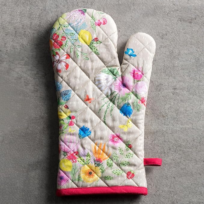 Maison d'Hermine Oven Gloves 100% Cotton Oven Mitt 7" x 13" with Loop Heat Resistant BBQ Cooking Gloves Baking Grilling Kitchen Hotel Home Farmhouse Spring Summer (Pack of 1, Jardin D'Ete - Fog)