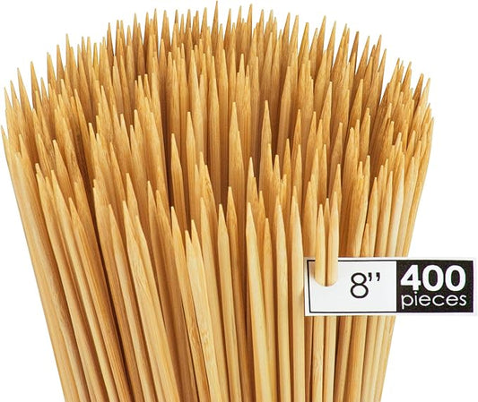 DecorRack 8" Natural Bamboo Skewers Sticks, 400 Wood Skewers for Grilling, BBQ, Kabob, Appetizers, Fruits, Smores, Cocktail, Brunch, Fondue Sticks, Barbeque, DIY Crafting, 8 inch (400 pack)